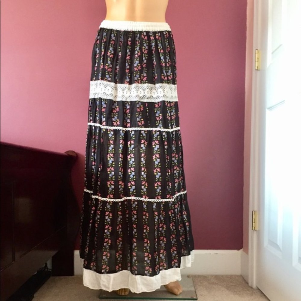 Cotton Boho Long Lace Floral Skirt OS